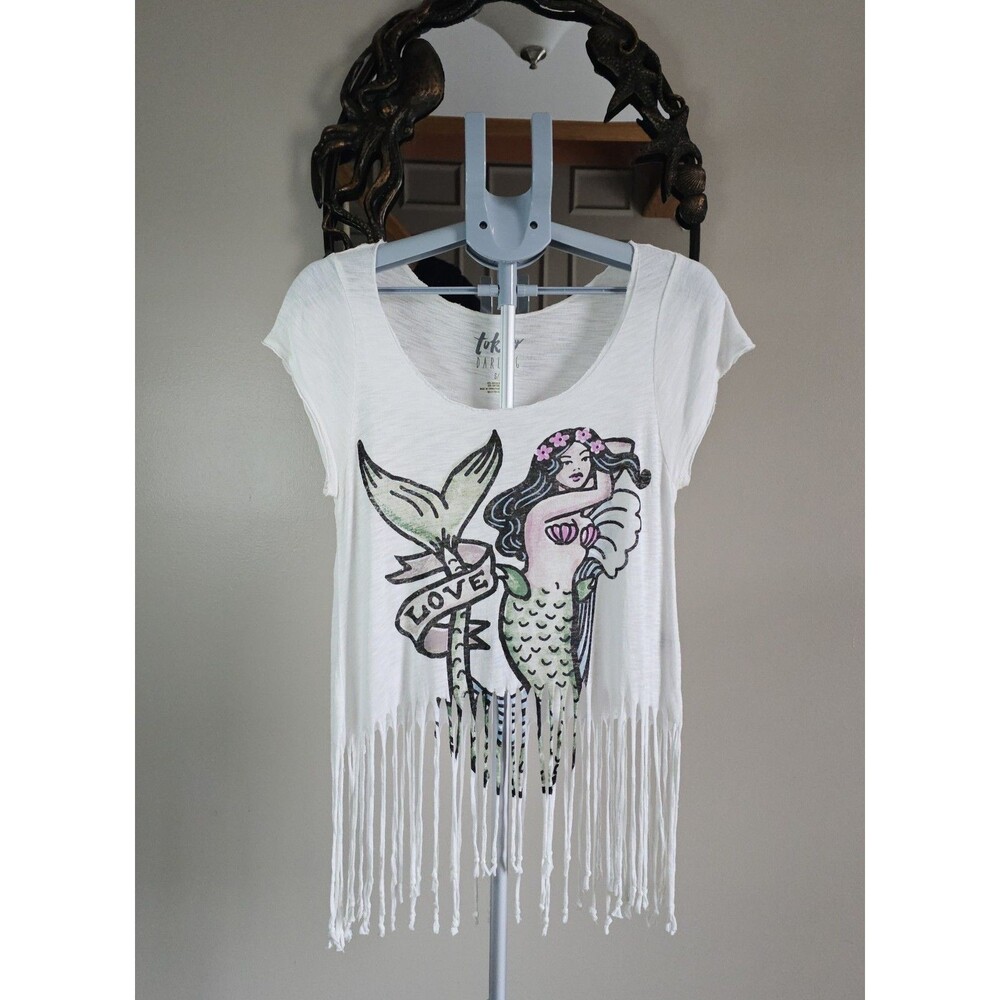 Tokyo Darling Mermaid Fringe Top Womens S White Graphic Boho Festival Beach Love